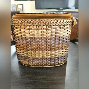 Vintage GEM Brown Gold Bronze Leather Basketweave Bucket Basket Crossbody Purse